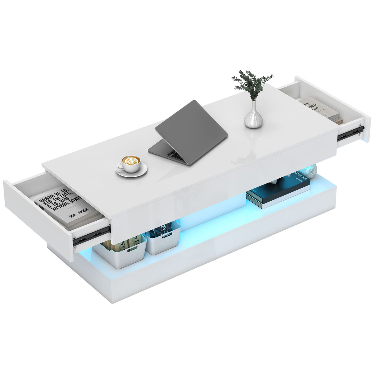 HOMCOM Wohnzimmertisch mit Schubladen und LED-Lichtern, moderner Sofatisch mit offener Ablage, Couchtisch, Spanplatte, Weiß