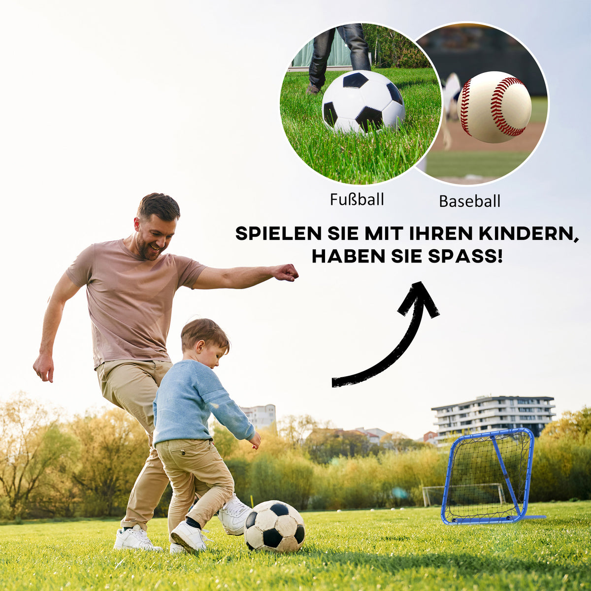 HOMCOM Fußball Rebounder-Netz, klappbar, Rückprallwand, Verstellbar in 5 Stufen, Metall, 78 x 84 x 65-78 cm, Blau