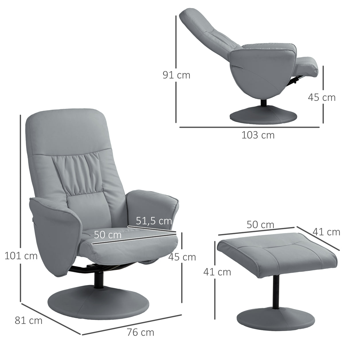 HOMCOM 2-teiliges Sessel-Set Sessel mit Fußhocker Relaxsessel mit Fußhocker, höhenverstellbar, neigbare Rückenlehne, Hellgrau