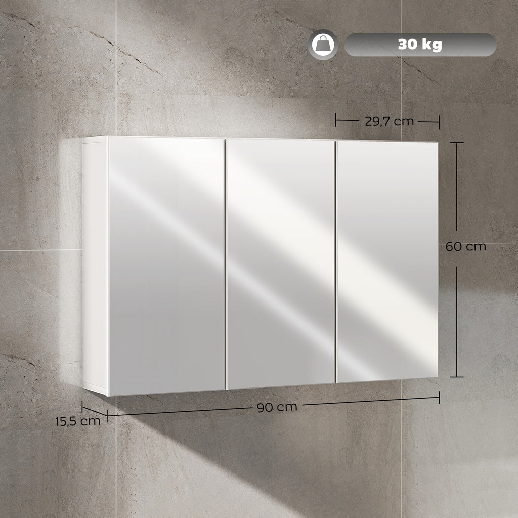 HOMCOM Badezimmerspiegelschrank, Badschrank mit 3 Spiegeltüren, Wandmontage, 90 x 15,5 x 60 cm, Spanplatte, Weiß