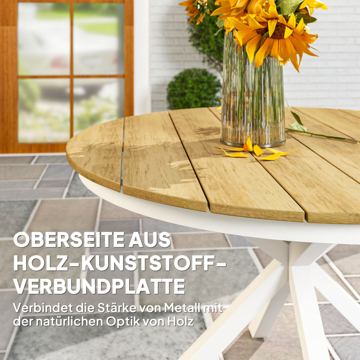 Outsunny Gartentisch Ø118cm, Wetterfest Balkontisch aus Aluminium, Beistelltisch mit Kreuzbeine Lattendesign Teak