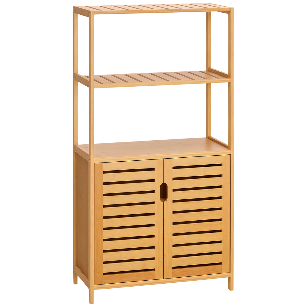 kleankin Badezimmerschrank, Badezimmerkommode mit Lamellentüren, Badregal, Bambusholz, Naturholz