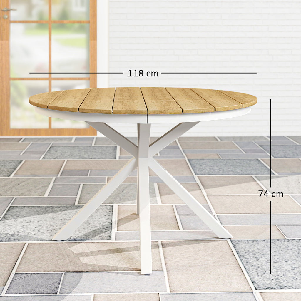 Outsunny Gartentisch Ø118cm, Wetterfest Balkontisch aus Aluminium, Beistelltisch mit Kreuzbeine Lattendesign Teak