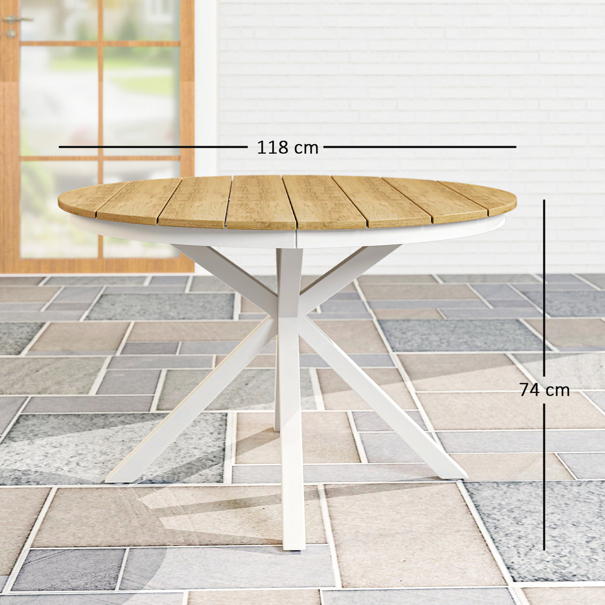 Outsunny Gartentisch Ø118cm, Wetterfest Balkontisch aus Aluminium, Beistelltisch mit Kreuzbeine Lattendesign Teak