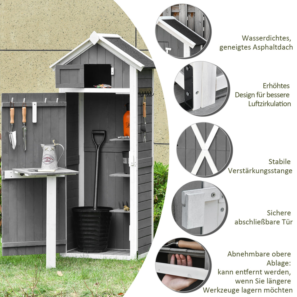 Outsunny Gartenschrank Holz, Geräteschuppen wetterfest 78x52,5x182cm, Gerätehaus mit Tür, Satteldach, Geräteschrank mit Haken, faltbar Tisch, Werkzeugschrank Gartenschuppen für Garten, Terrasse, Grau
