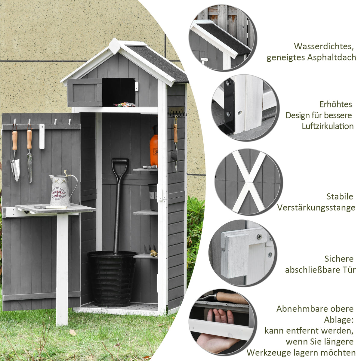 Outsunny Gartenschrank Holz, Geräteschuppen wetterfest 78x52,5x182cm, Gerätehaus mit Tür, Satteldach, Geräteschrank mit Haken, faltbar Tisch, Werkzeugschrank Gartenschuppen für Garten, Terrasse, Grau