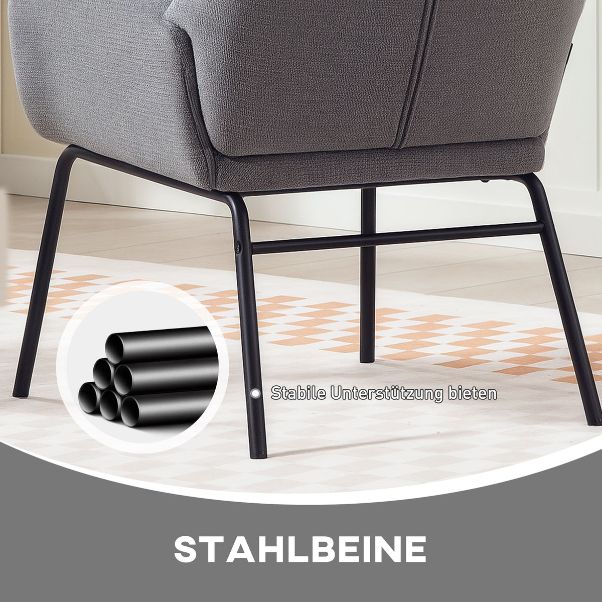 HOMCOM Moderner Polsterstuhl im Ohrenbacken-Stil, hohe Rückenlehne, dicke Polsterung, Metallbeine, Grau