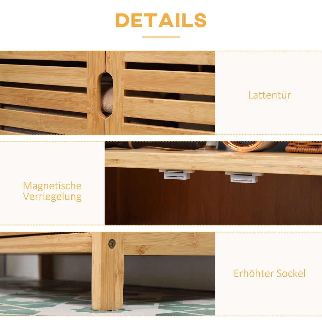 kleankin Badezimmerschrank, Badezimmerkommode mit Lamellentüren, Badregal, Bambusholz, Naturholz