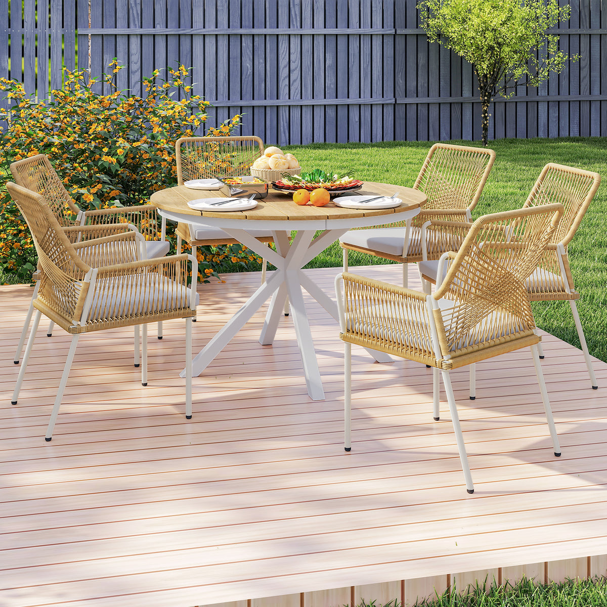 Outsunny Gartentisch Ø118cm, Wetterfest Balkontisch aus Aluminium, Beistelltisch mit Kreuzbeine Lattendesign Teak
