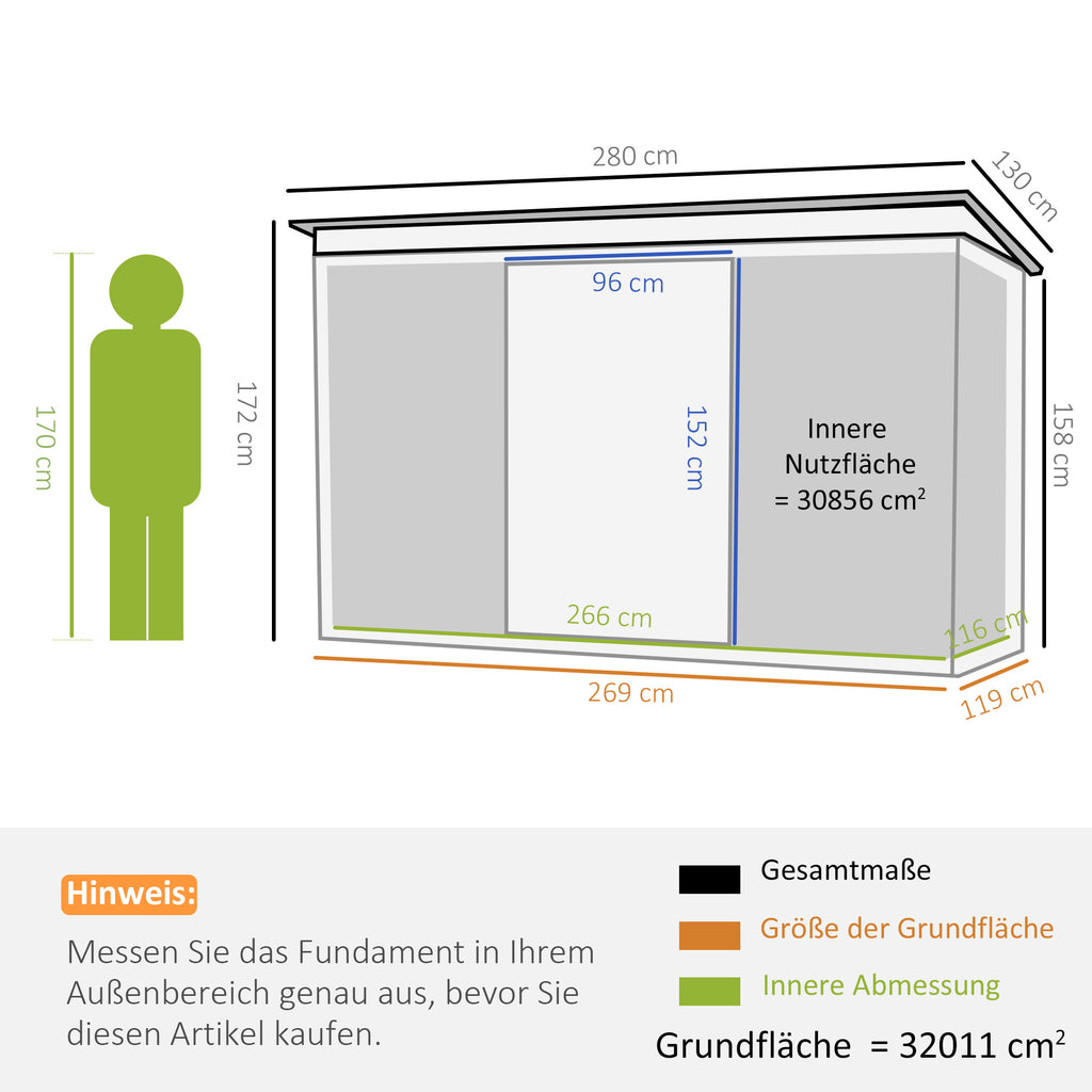 Outsunny Gerätehaus, Gartenhaus, Geräteschuppen mit Schiebetür, Lüftungsfenster, Pultdach, Outdoor, Stahl, Dunkelgrau, 280 x 130 x 172 cm