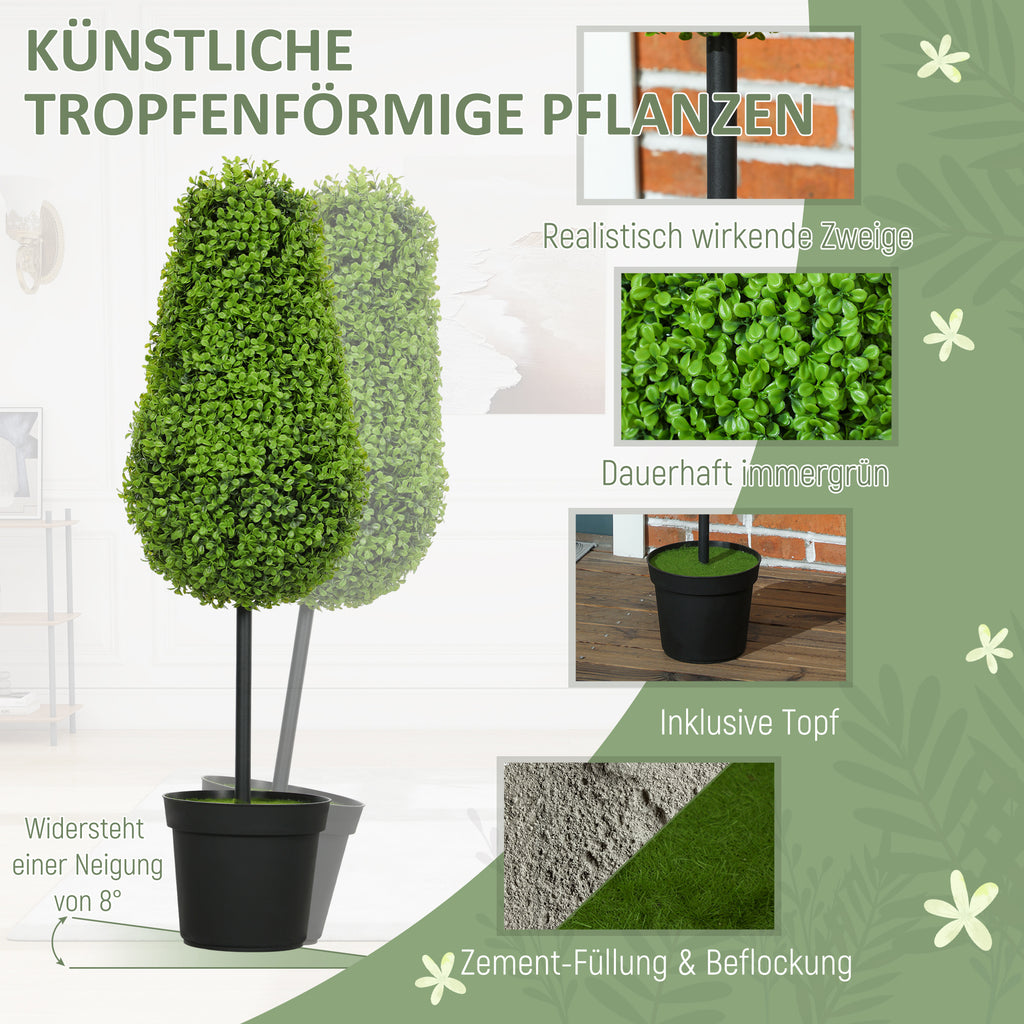 HOMCOM 2er Set Künstliche Buchsbaum 90cm Kunstpflanze in Tränenform, Plastik Künstliche Pflanzen im Topf Moderne Dekoration