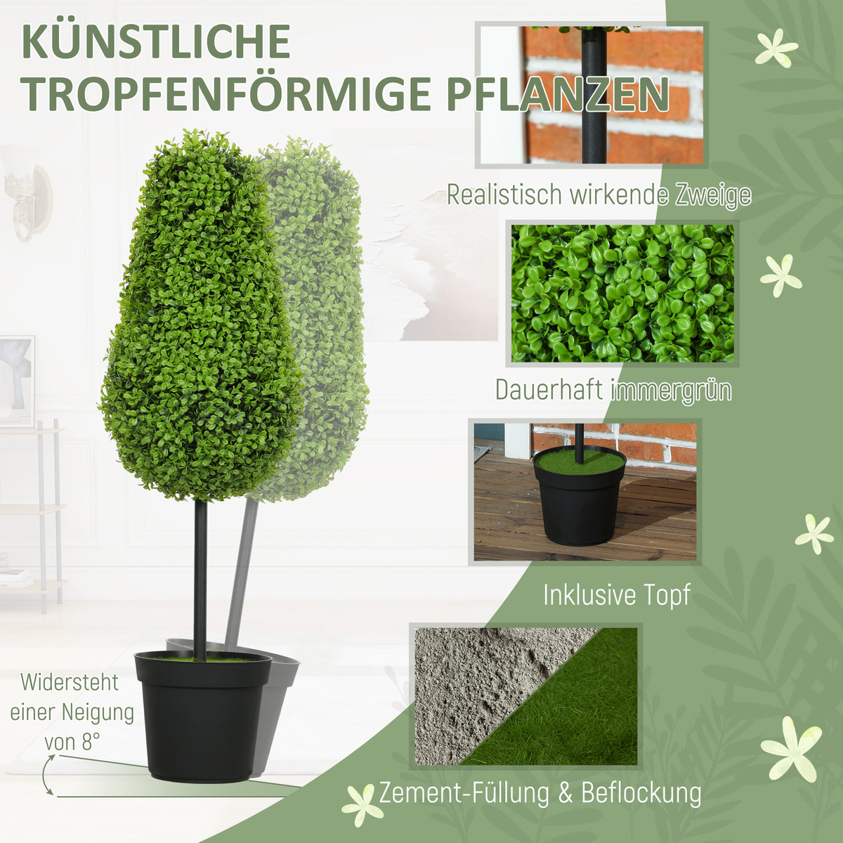 HOMCOM 2er Set Künstliche Buchsbaum 90cm Kunstpflanze in Tränenform, Plastik Künstliche Pflanzen im Topf Moderne Dekoration