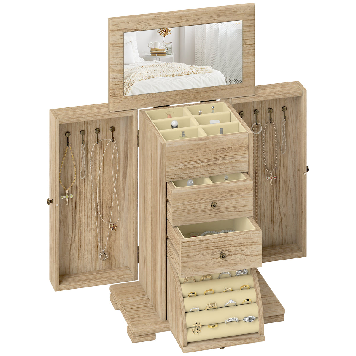 HOMCOM Schmuckbox, Schmuckschatulle, 4-stufiges Layout, integrierter Spiegel, Holz, Braun