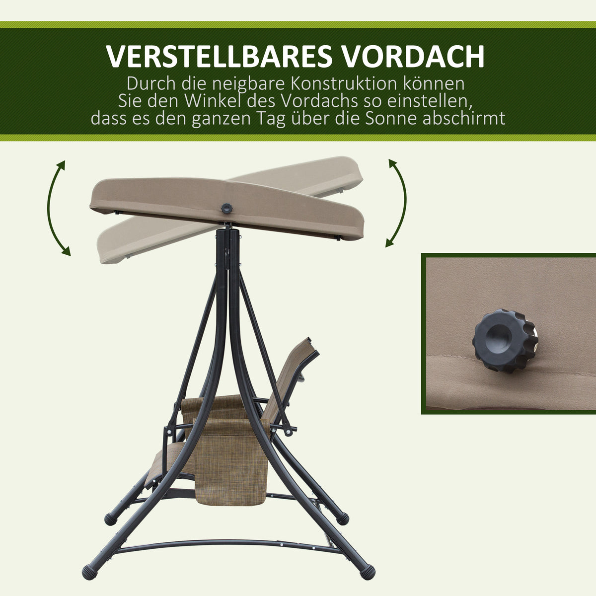 Outsunny 3-Sitzer Hollywoodschaukel, Gartenschaukel mit Sonnendach, Schaukelbank mit Ablage, Aluminium, 196 x 128 x 172 cm, Braun