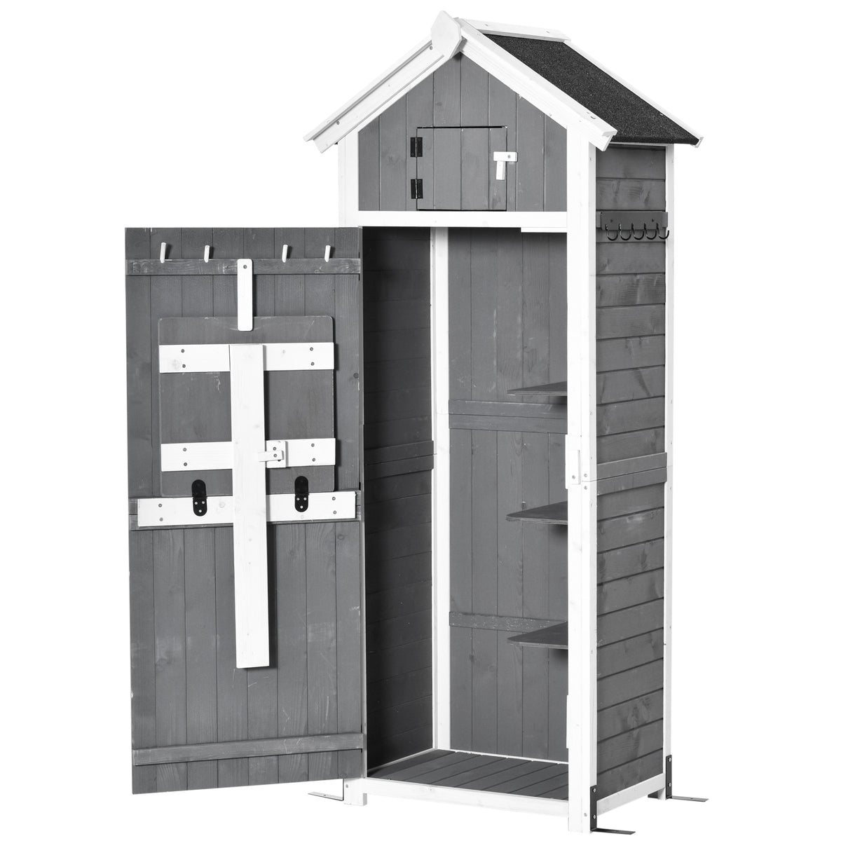 Outsunny Gartenschrank Holz, Geräteschuppen wetterfest 78x52,5x182cm, Gerätehaus mit Tür, Satteldach, Geräteschrank mit Haken, faltbar Tisch, Werkzeugschrank Gartenschuppen für Garten, Terrasse, Grau