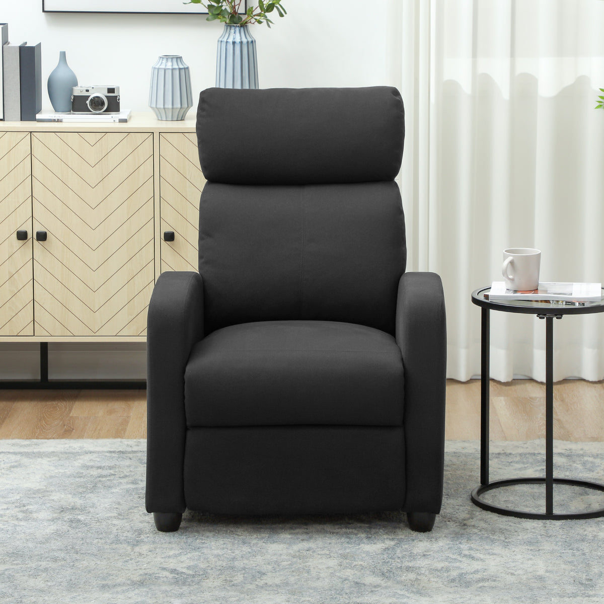 HOMCOM Relaxsessel, verstellbar 135°, ausziehbare Fußstütze, gepolsterte Lehnen, Leinen-Polyester, Schwarz