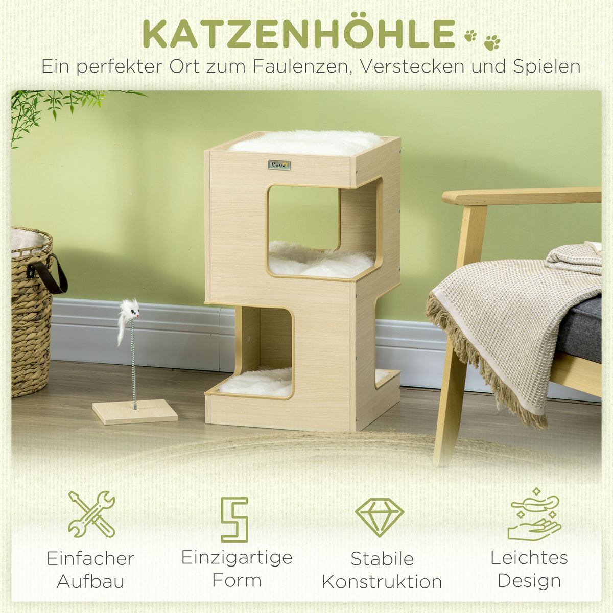 PawHut Katzentonne, Katzenhöhle, 2 Ebenen, inkl. Spielzeug, 34 cm x 34 cm x 60 cm, Natur + Hellgrau