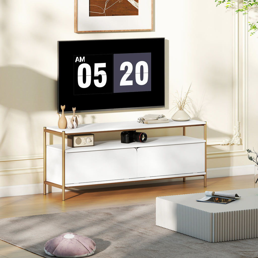 HOMCOM TV-Möbel TV-Rack für Fernseher bis 55 Zoll mit 2 Klappentüren und offenem Regal, 124x35x50cm, Weiß