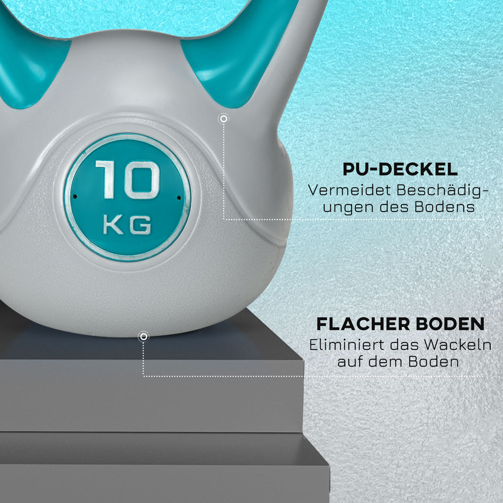 SPORTNOW Kugelhantel, Kettlebell, 10 kg, flache Unterseite, großer Griff, Kunstledermantel, blau, 22 x 16 x 26 cm