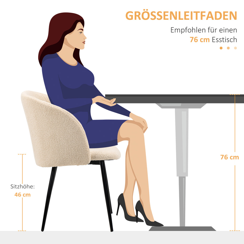 HOMCOM 2er-Set Esszimmerstühle, Polsterstühle mit Stoffbezug, Küchenstühle mit Stahlbeinen, gewölbte Rückenlehne, Cremeweiß