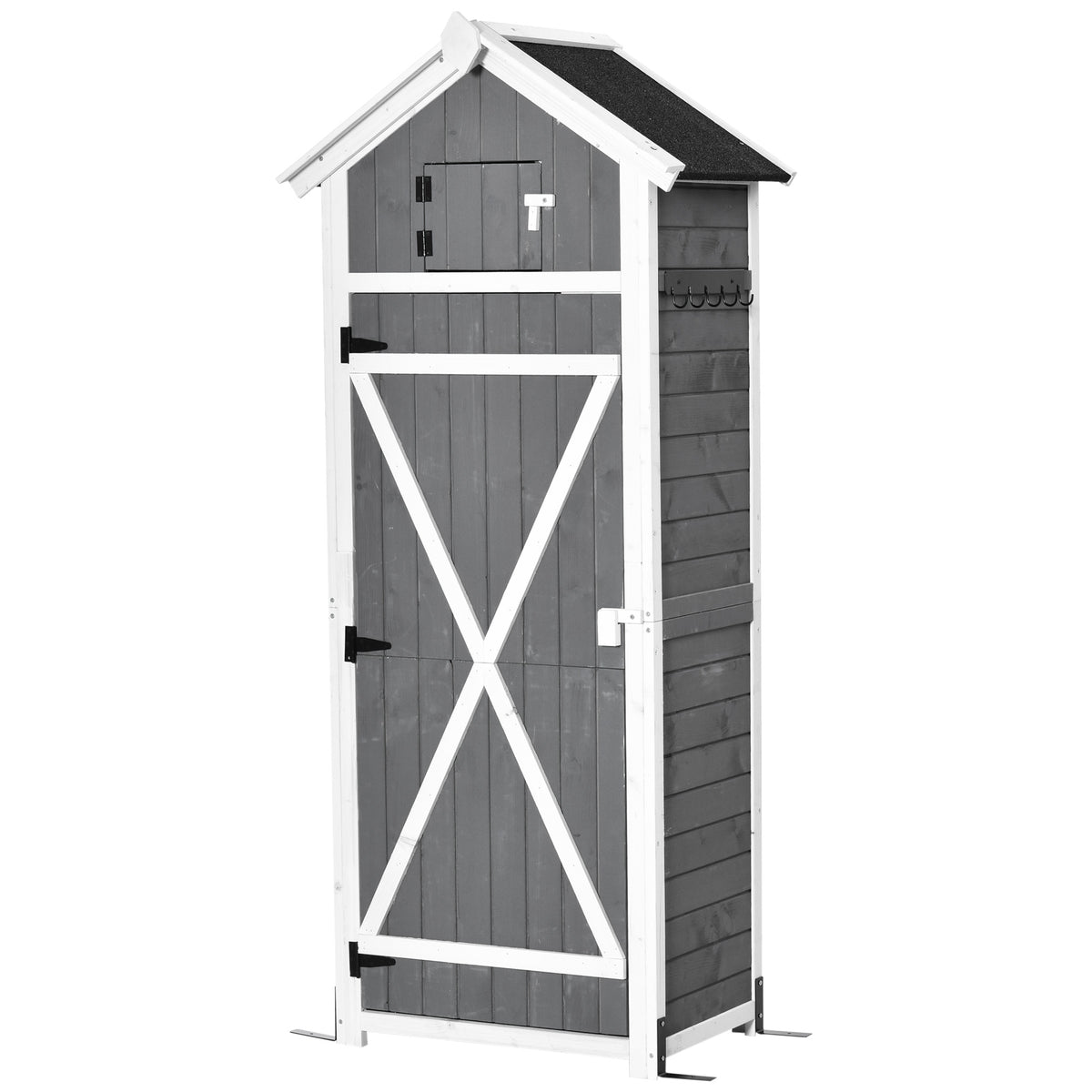 Outsunny Gartenschrank Holz, Geräteschuppen wetterfest 78x52,5x182cm, Gerätehaus mit Tür, Satteldach, Geräteschrank mit Haken, faltbar Tisch, Werkzeugschrank Gartenschuppen für Garten, Terrasse, Grau
