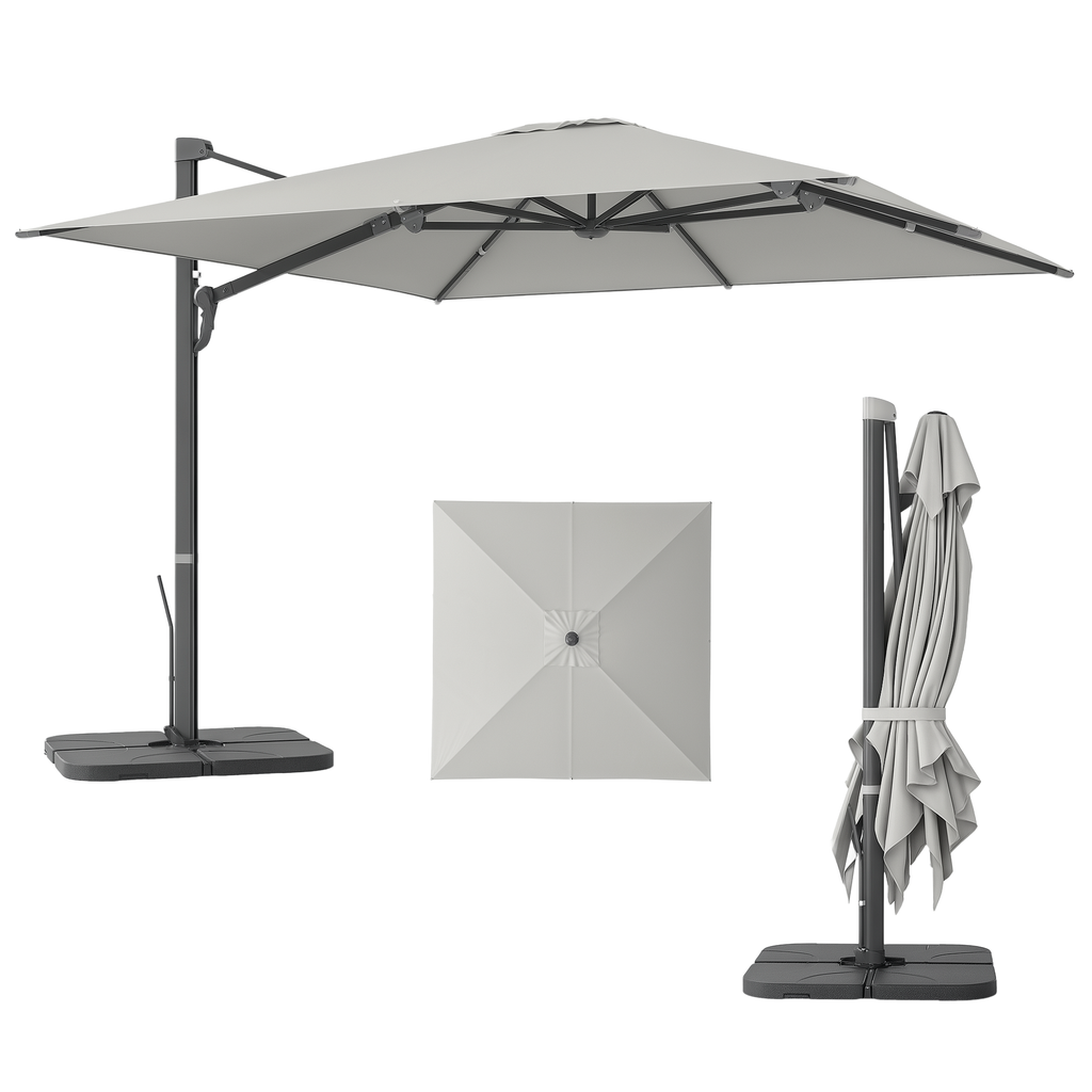 Outsunny Alu Ampelschirm 3 x 3 m 360° drehbar Sonnenschirm mit Kurbel Ständer Windschutz Hellgrau