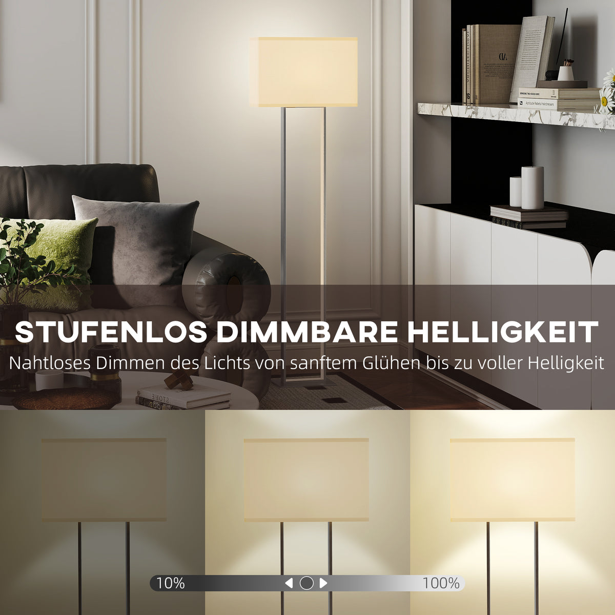 HOMCOM Moderne Stehlampe, 3 Modi, Fußschalter, verstellbare Helligkeit, Leinenoptik, Weiß