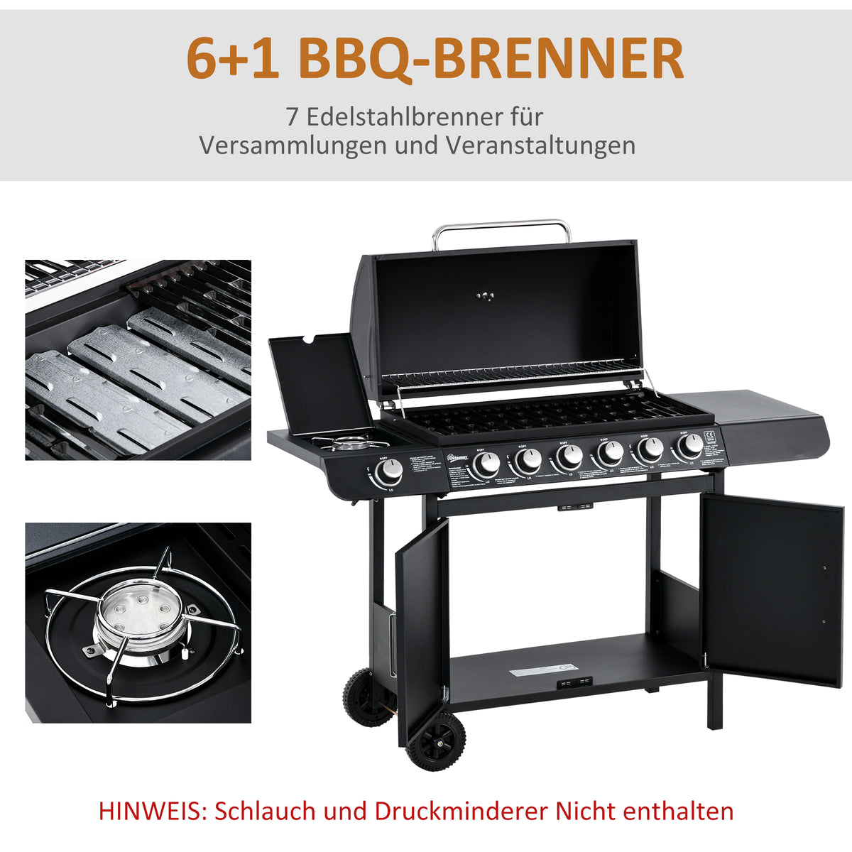 Outsunny Gasgrill mit 7 Brennern, inkl. Thermometer,  BBQ -Grill, mobiler Grill, Schwarz
