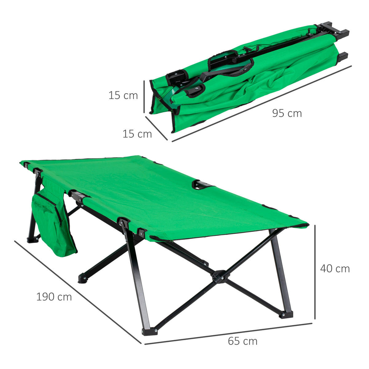 Outsunny Campingbett Feldbett Klappbett klappbar mit Seitentasche Getränkehalter bis 136 kg belastbar Stahl Oxford Grün+Schwarz 190 x 65 x 40 cm