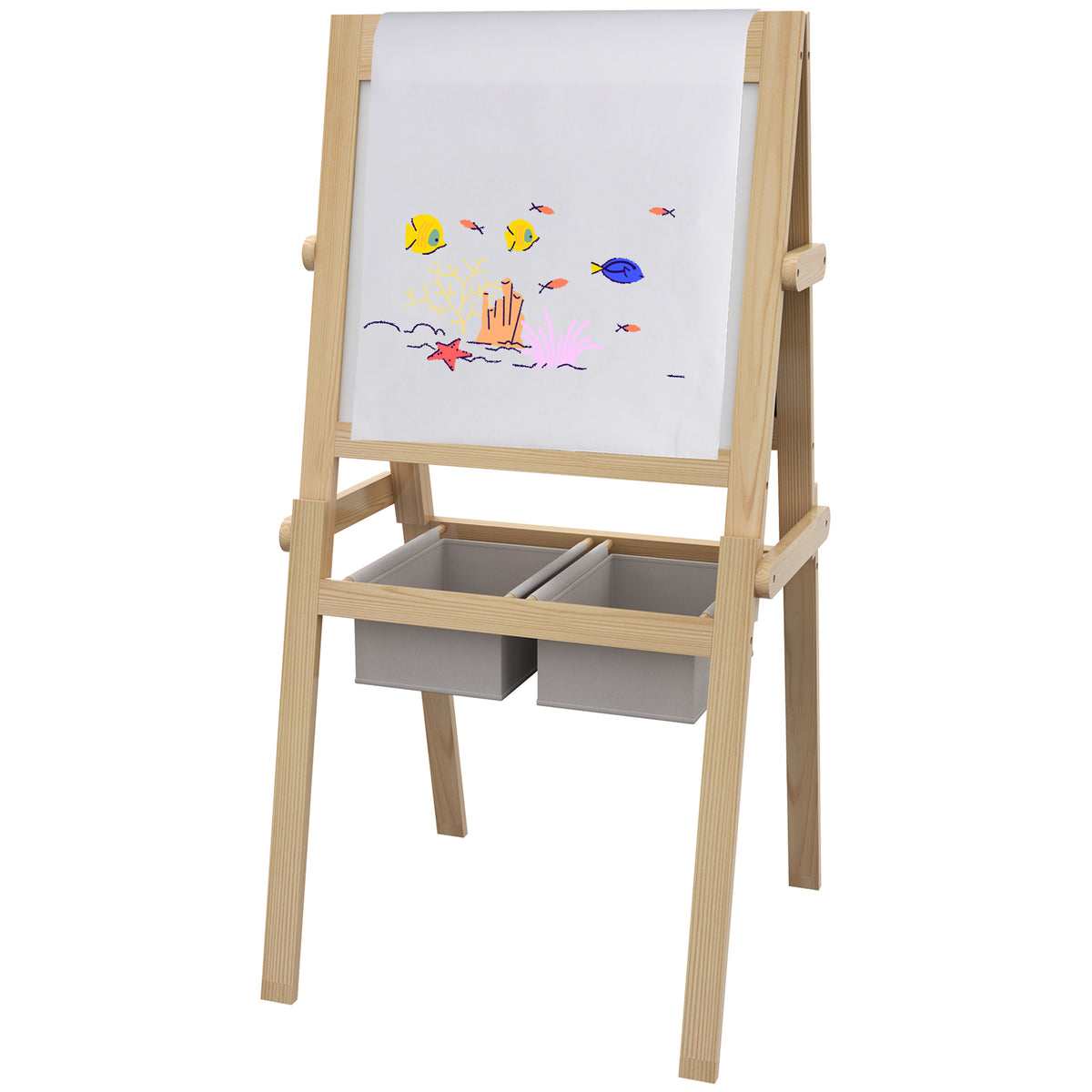 AIYAPLAY Kinderstaffelei Doppelseitige Schiefertafel Weiße Tafel Kreidetafel Papierrolle 58 x 50,5 x 109 cm Natur