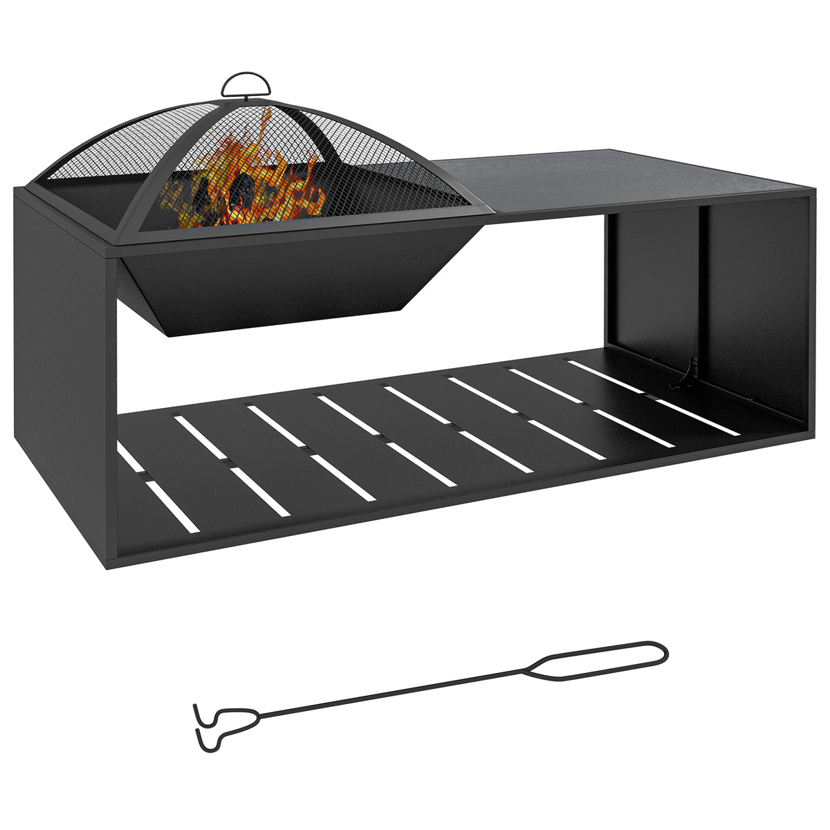 Outsunny 2 in1 Feuerschale, Tischplatte mit Keramikfliesen, Schürhaken, rostfrei, 101 x 51 x 56 cm, Schwarz
