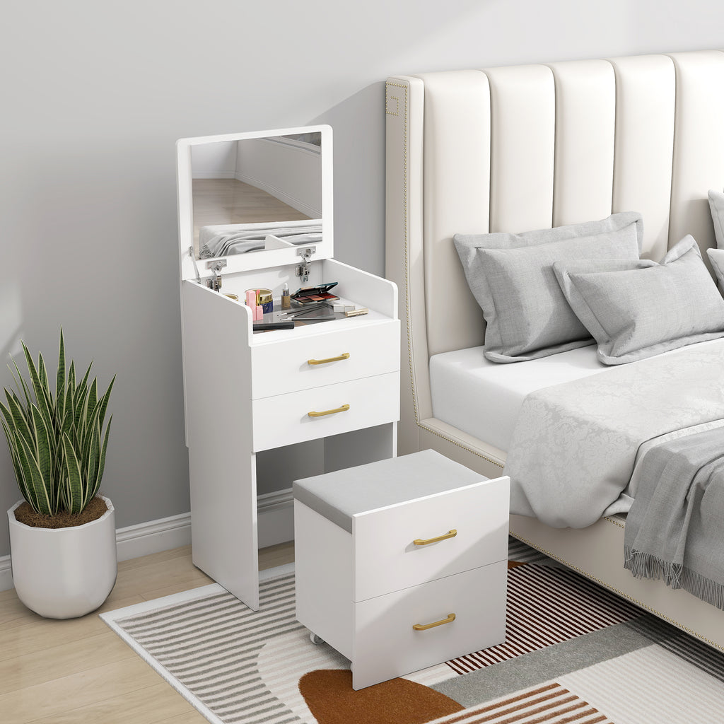 HOMCOM 3-in-1-Schminktisch mit Spiegel, Nachttisch, Rollhocker, Schubladen, Weiß