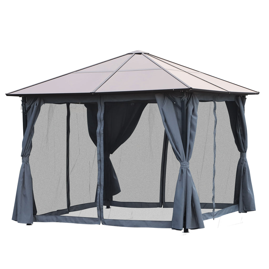 Outsunny Pavillon mit Polycarbonatdach, Vorhänge mit Fliegennetz, Alugestell, dunkelgrau, 3 x 3 m