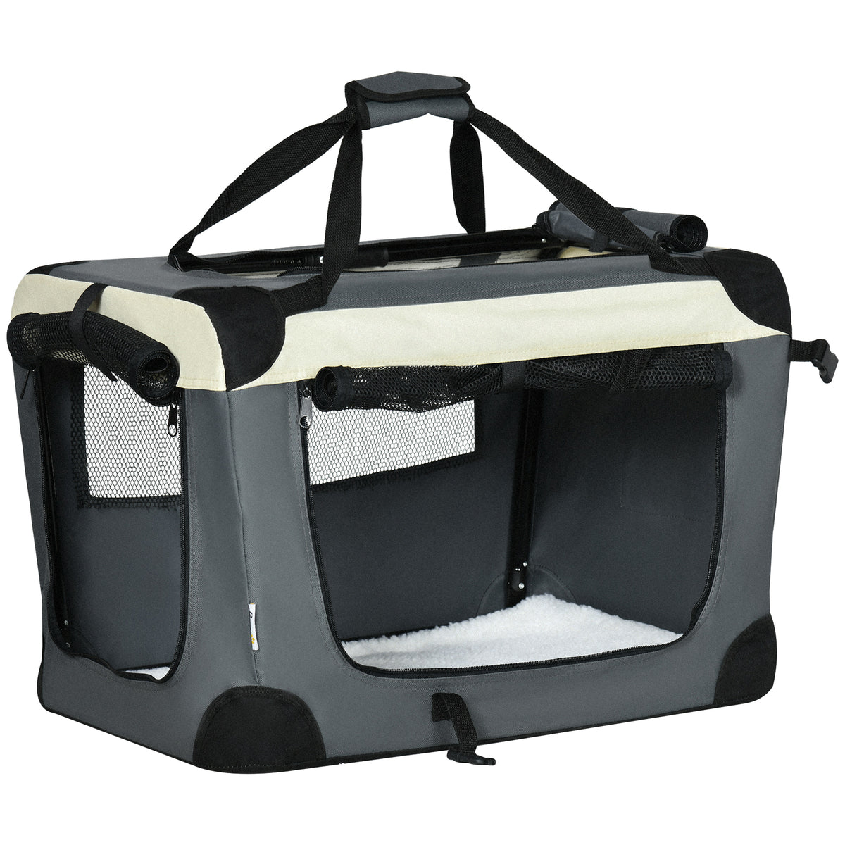 PawHut Faltbare Transporttasche - Griff, 3 Reißverschlüsse, Tasche - abnehmbares Kissen - Stahl Oxford Polyester Grau Schwarz