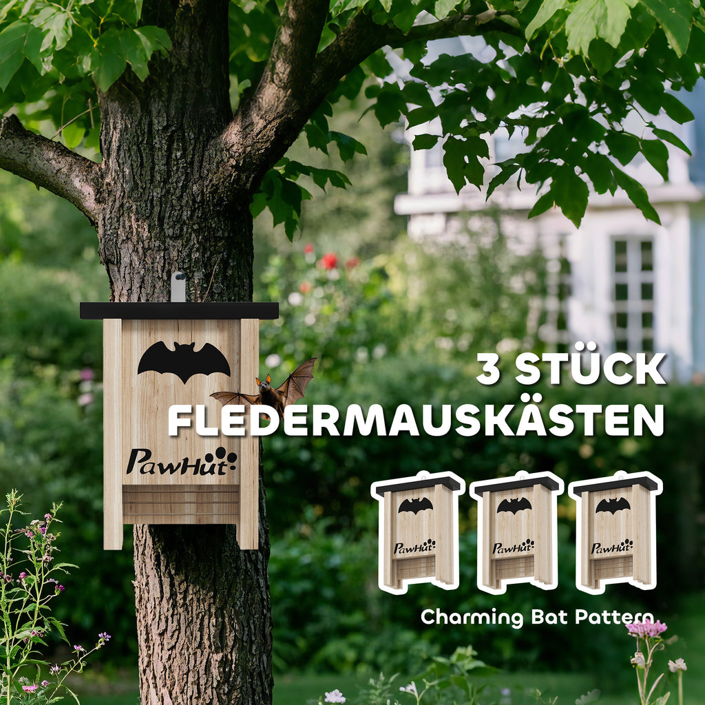 PawHut 3er-Set Fledermauskasten, Fledermaushäuser für Gärten, Obstplantagen, Bauernhöfe, leichtes Aufhängen, 18 x 6 x 22,5 cm