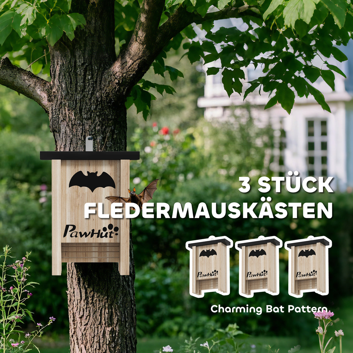 PawHut 3er-Set Fledermauskasten, Fledermaushäuser für Gärten, Obstplantagen, Bauernhöfe, leichtes Aufhängen, 18 x 6 x 22,5 cm