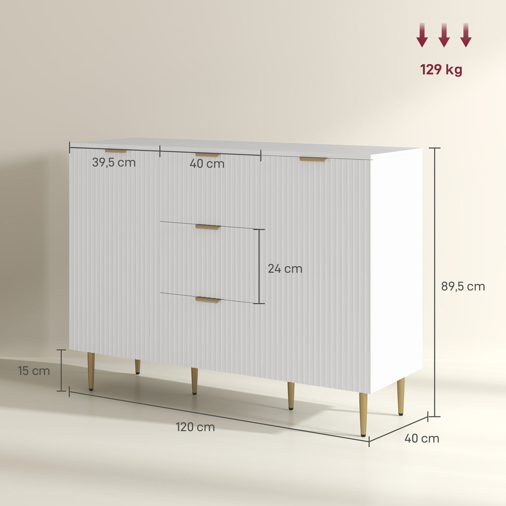HOMCOM Buffet Küchenmöbel Aufbewahrung mit 3 Schubladen, höhenverstellbaren Regalen, Schranktüren mit Rillen, 120 x 40 x 90 cm, weiß