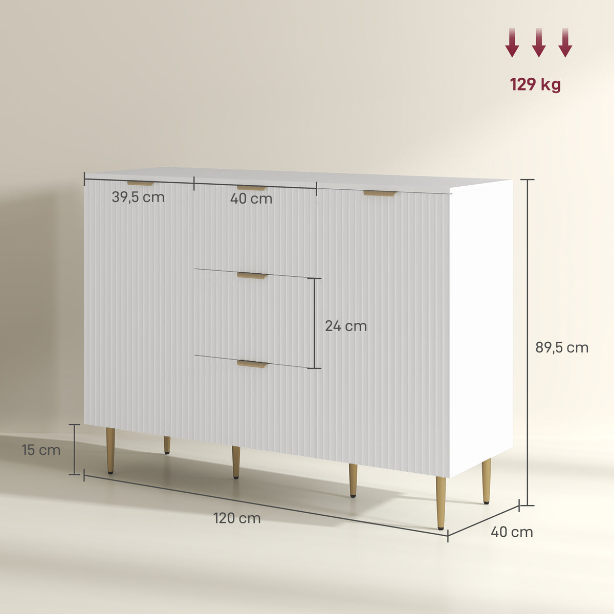 HOMCOM Buffet Küchenmöbel Aufbewahrung mit 3 Schubladen, höhenverstellbaren Regalen, Schranktüren mit Rillen, 120 x 40 x 90 cm, weiß