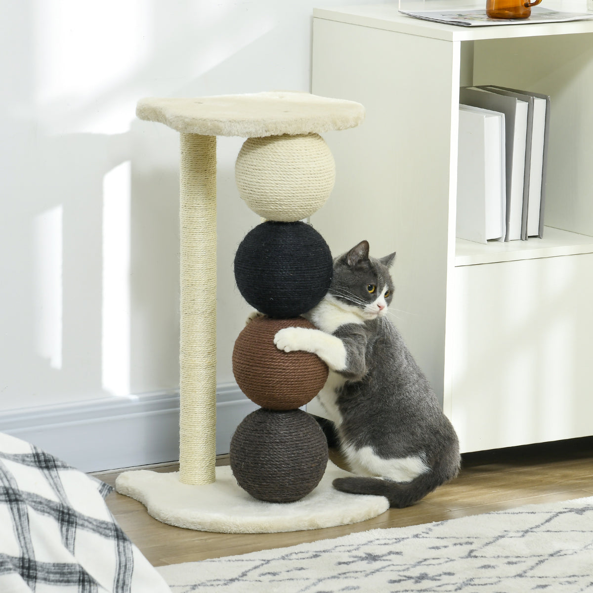 PawHut Kratzsäule für Katzen, Katzenkratzbaum Kratzbaum mit Plattform, Kratzstamm mit 2 Sisalpfosten und 4 Sisalbällen, Katzenkratzer Spielzeug, 38 x 38 x 64 cm