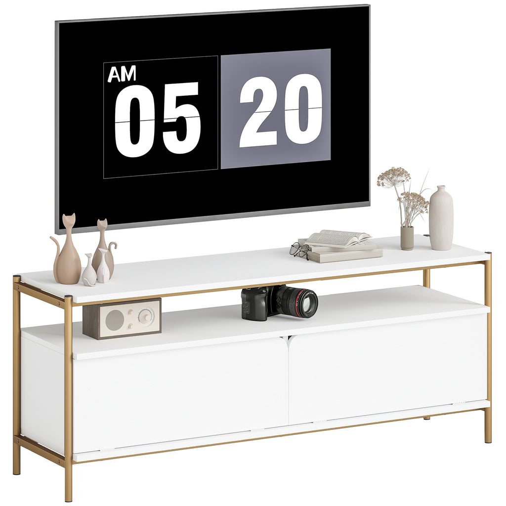 HOMCOM TV-Möbel TV-Rack für Fernseher bis 55 Zoll mit 2 Klappentüren und offenem Regal, 124x35x50cm, Weiß
