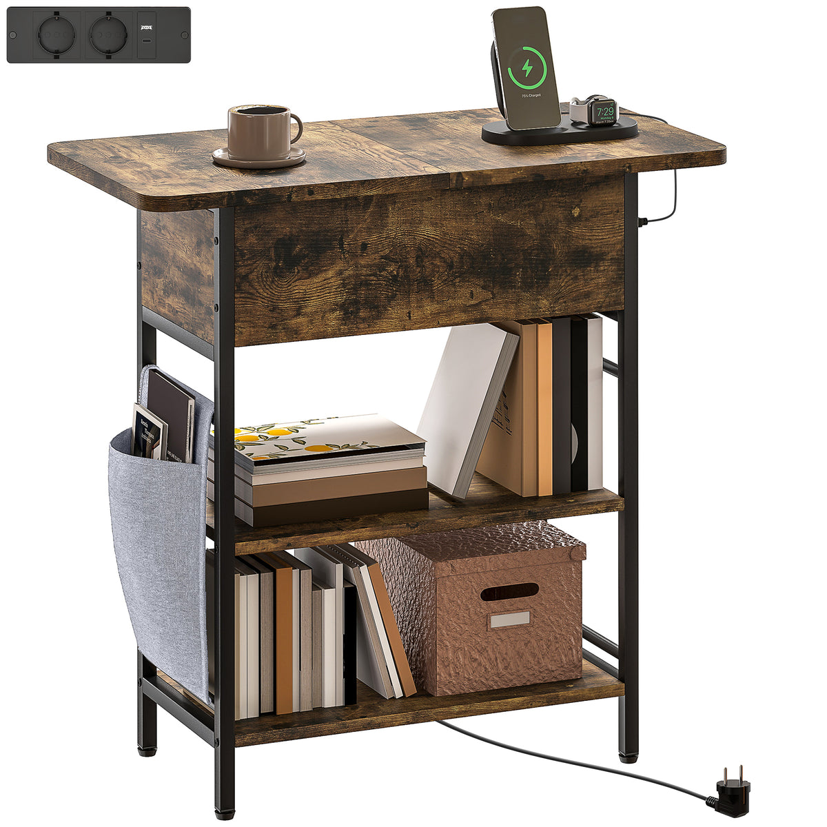 HOMCOM Beistelltisch Nachttisch mit Steckdosenleiste, 2 Ebenen, USB-Anschlüssen Stauraum 60 x 29,8 x 58,5 cm Rustikal Braun
