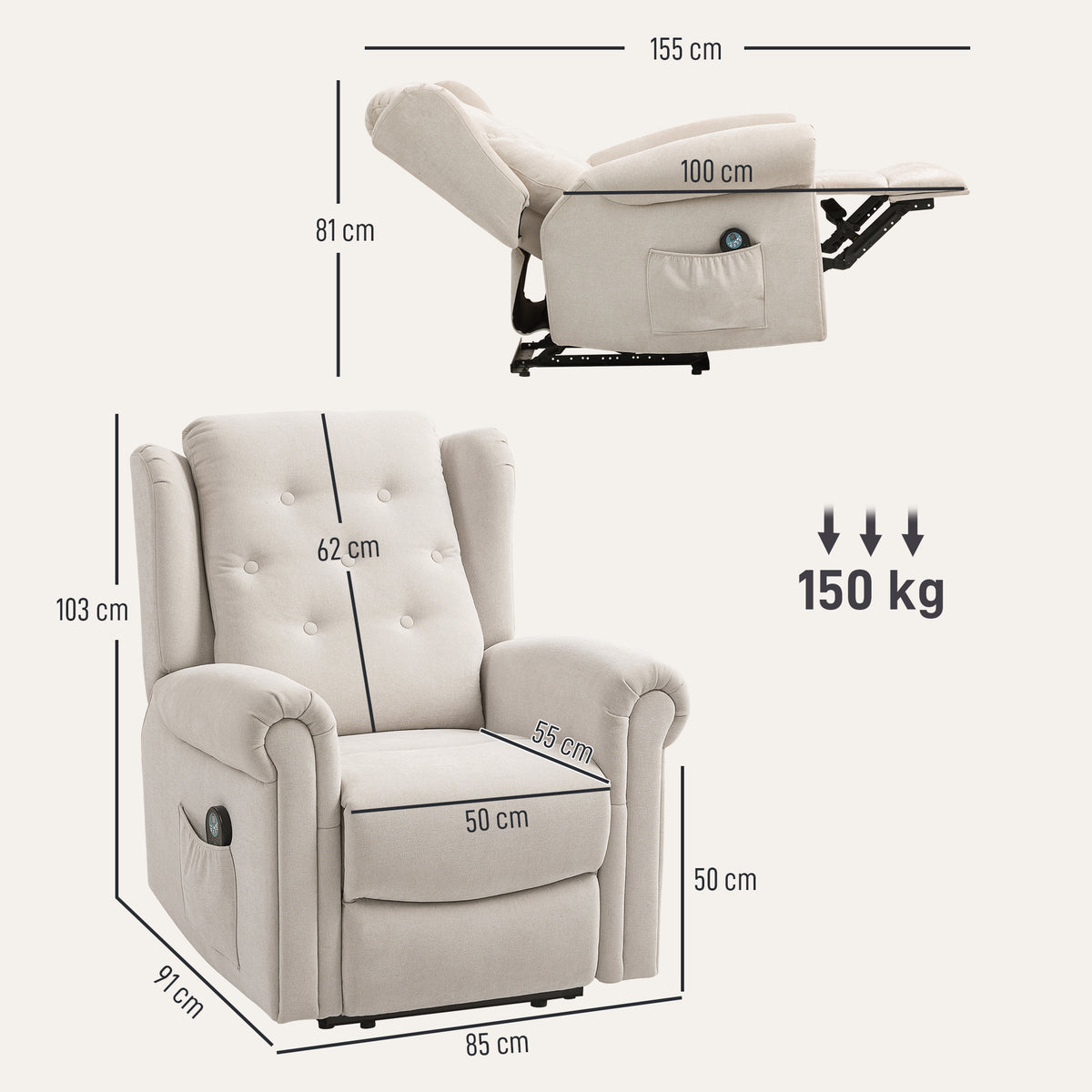 HOMCOM Elektrischer Massage- und Heizrelaxsessel mit manuell verstellbarem Rücken und Fußstütze, Seitentasche, beige