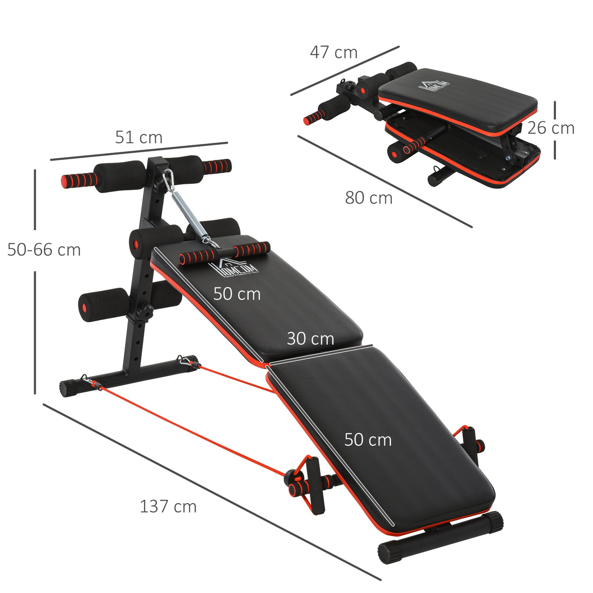 HOMCOM Sit Up Bank Bauchtrainer mit Trainingsseile Trainingsbank Multifunktion Verstellbar&klappbar 110 kg Belastbarkeit Stahl Schwarz+Rot 137 x 51 x 50-66 cm