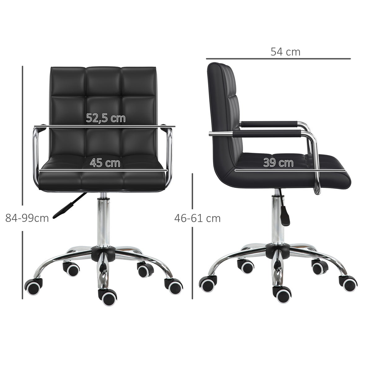 HOMCOM Bürostuhl im Retrodesign, höhenverstellbar, 5 Rollen, 52,5 cm x 54 cm x 99 cm, Schwarz