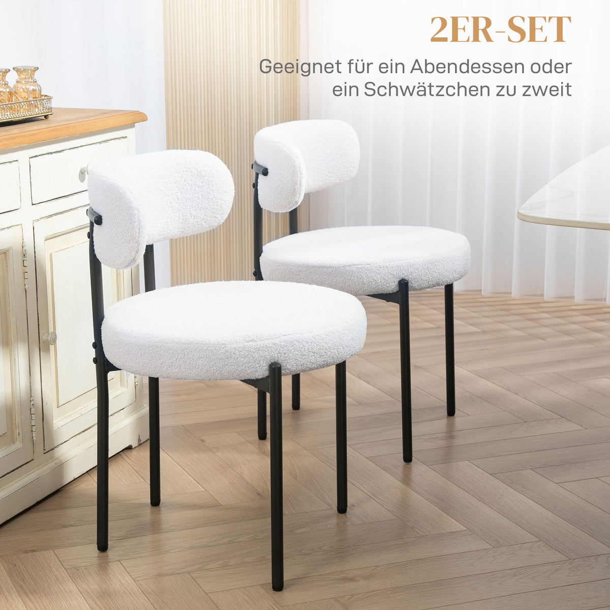 HOMCOM 2er-Set Esszimmerstühle, Fleece-Polsterung, Stühle mit Polstersitz, Metallbeine, Cremeweiß