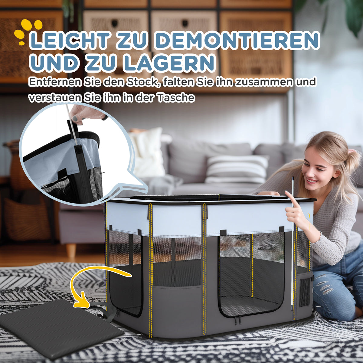 PawHut Spielgehege für Haustiere, faltbar, mit Aufbewahrungstasche, für Welpen und Kätzchen, drinnen und draußen, Grau