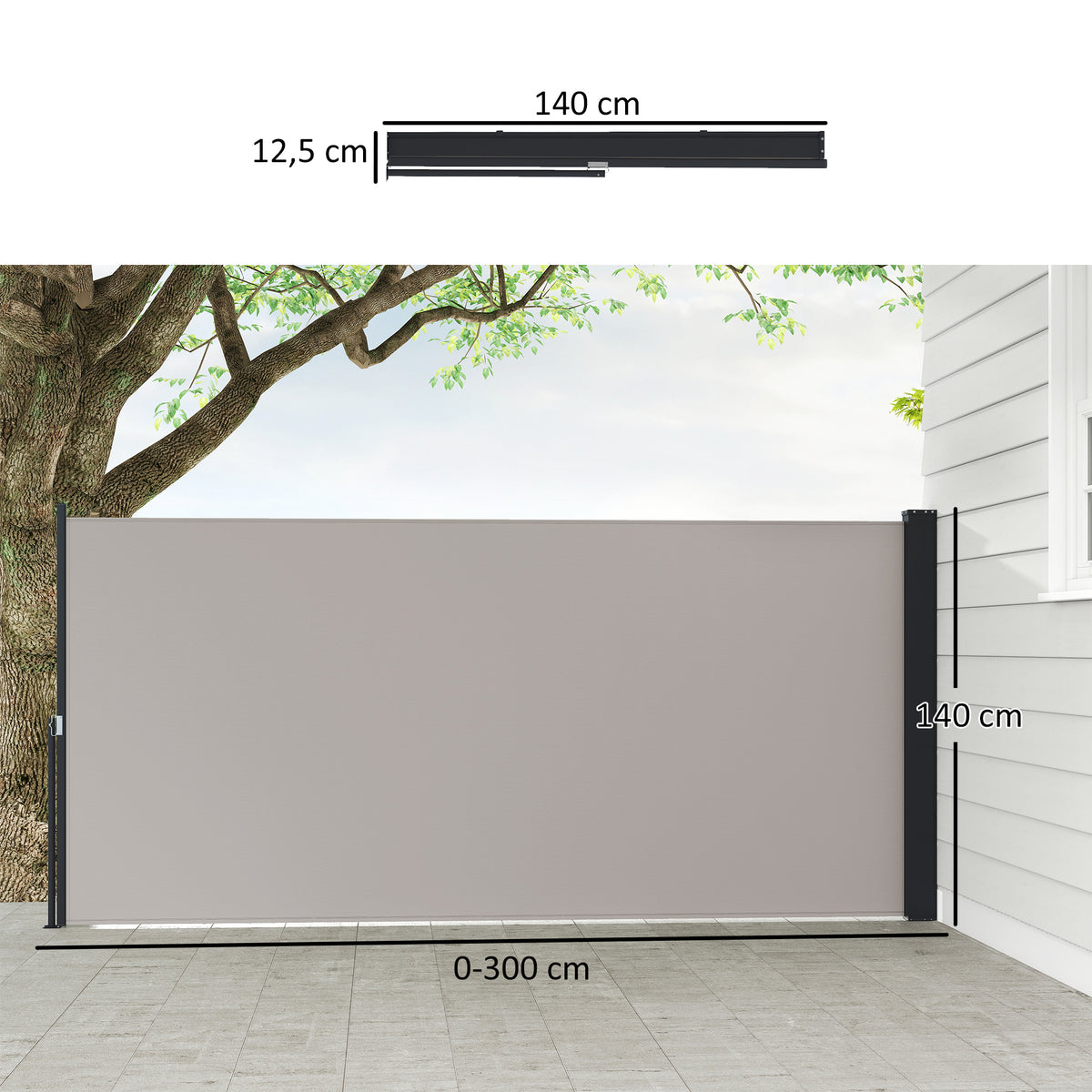 Outsunny Seitenmarkise, Seitenrollo, ausziehbar, Sichtschutz, Aluminium/Polyester, 3 x 1,4 m, Hellgrau