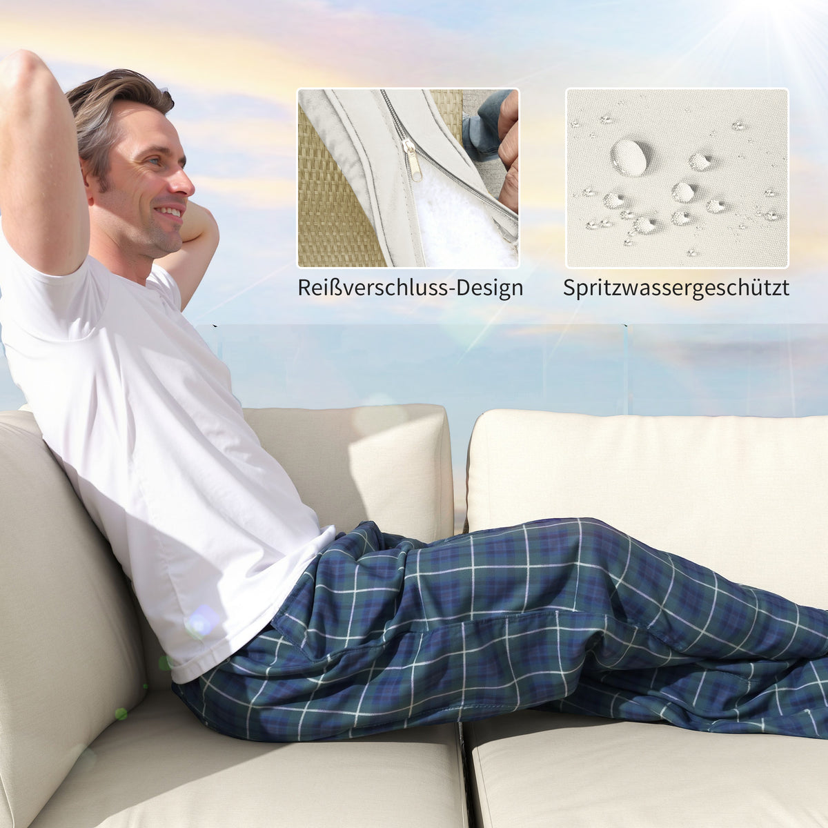Outsunny 5-teiliges Gartenmöbelset, 2 Eckstühle, 2 Mittelstühle, Fußhocker, Sitzkissen, Rückenkissen, Hellbraun+Cremeweiß