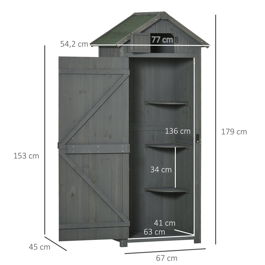 Outsunny Gartenschrank Holz, Geräteschuppen wetterfest 77x54,2x179cm, Gerätehaus mit Tür, Satteldach, Geräteschrank mit Böden, Werkzeugschrank Gartenschuppen für Garten, Terrasse, Grau+Grün