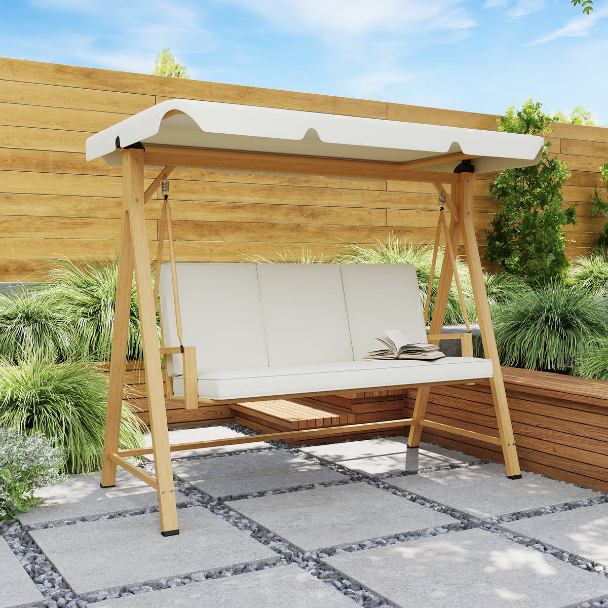 Outsunny Hollywoodschaukel mit verstellbarem Sonnendach Sitzauflage, 3-Sitzer bis 330kg 198 x 120 x 170cm, Beige